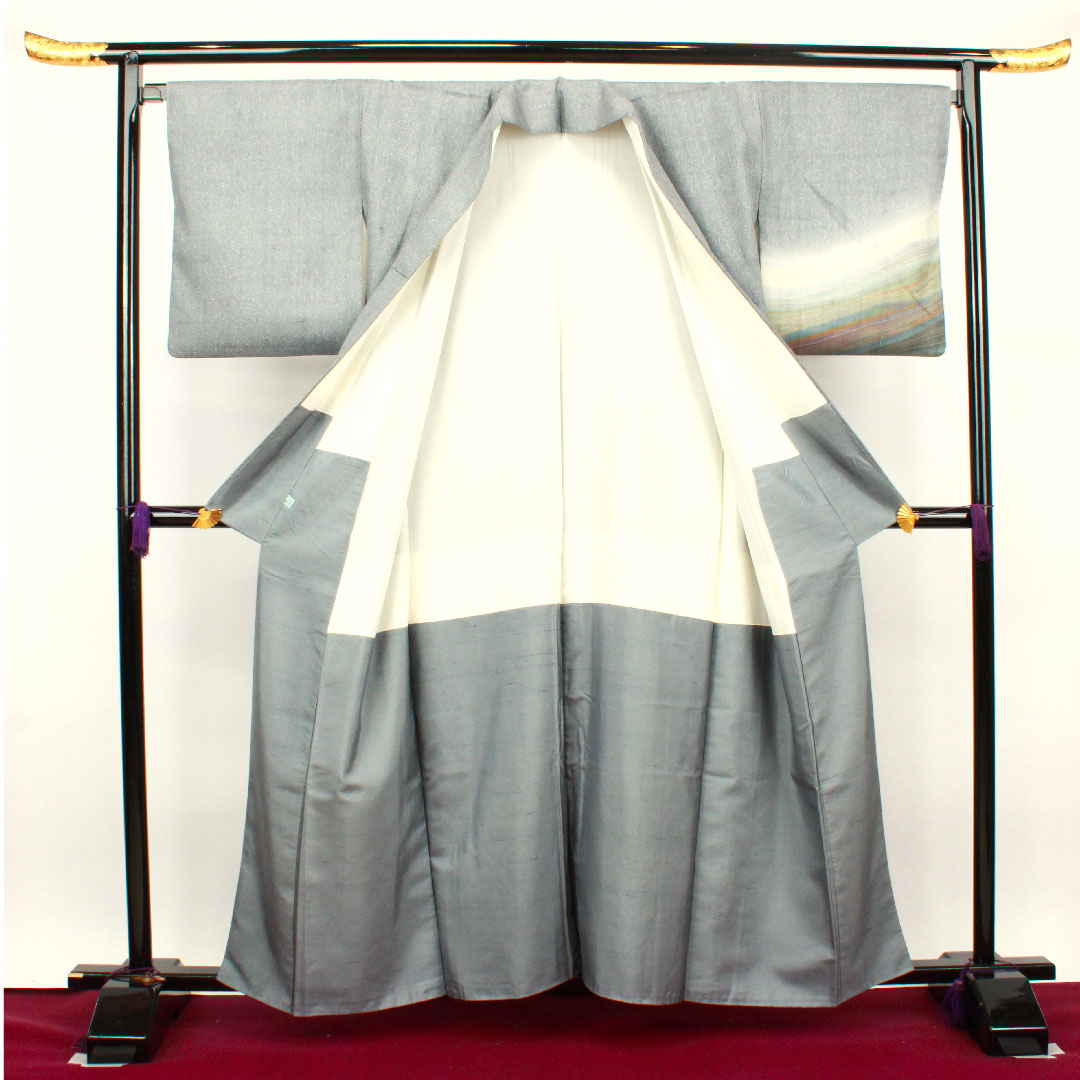 Homongi, lined, length 160cm, sleeve length 68cm, lead color, pongee fabric, abstract pattern, pure silk, A rank, gray, 1112002343422