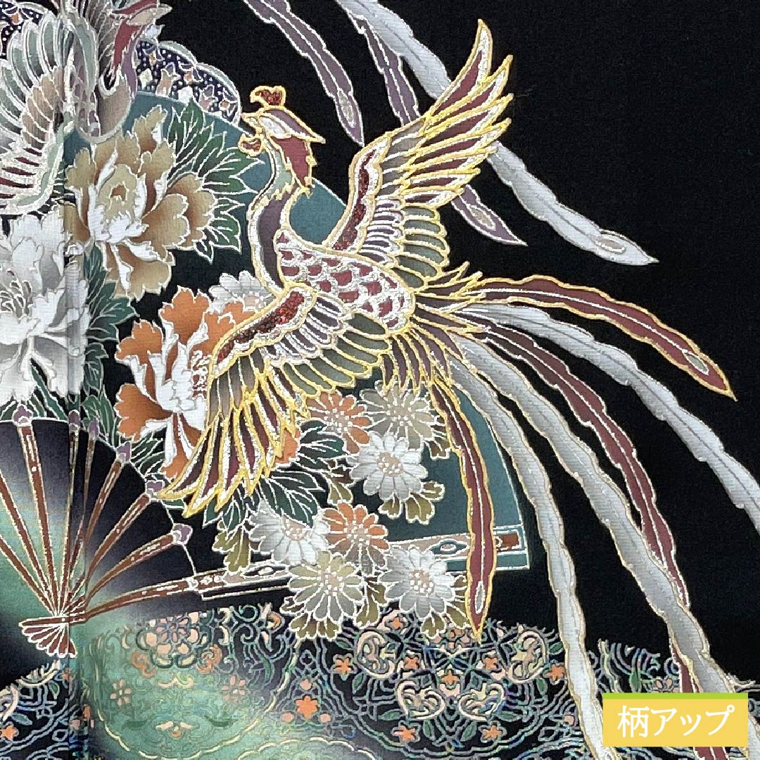 Black Tomesode Kimono, Pure Silk, Grade A, Length 156cm, Sleeve Length 64cm, Lined, Kyoto Yuzen, Five Crests, Gosan Paulownia, Phoenix, Fan Design, Five Crests, Black, Item Number 1111002093310