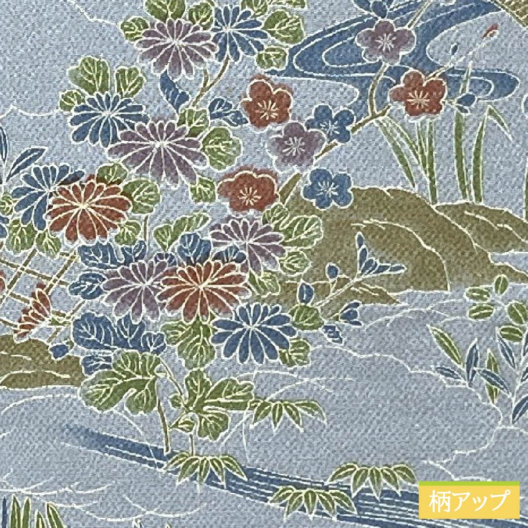 Small-patterned polyester kimono, S rank, length 166cm, sleeve length 66cm, lined, blue-gray (seitai-nezuiro) with flowing water and floral motifs, washable, light blue, 1115007392524