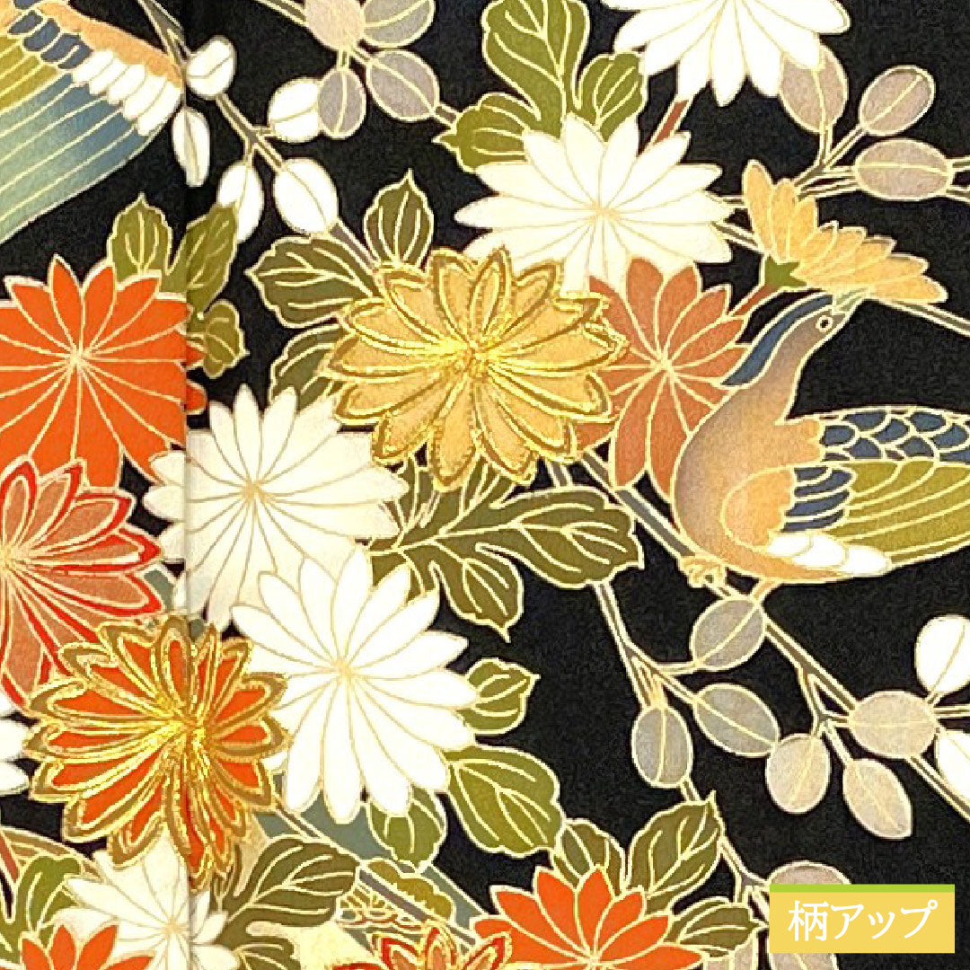 黒留袖 正絹 身丈154cm 裄丈65cm 袷 京友禅 鳳凰 束ね熨斗 五つ紋 片喰 Aランク 黒系 1111001583210