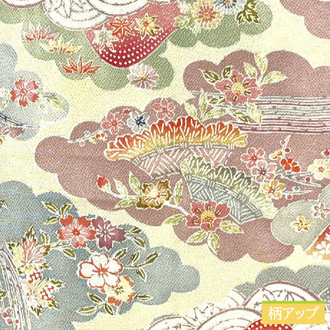 Komon silk, A-rank, length 156cm, sleeve length 58cm, single layer, pale yellow (usukihadairo), Kyoto Bingata, Chaya-Tsuji, cloud pattern, auspicious motif, cream-colored, product number 1115007593315