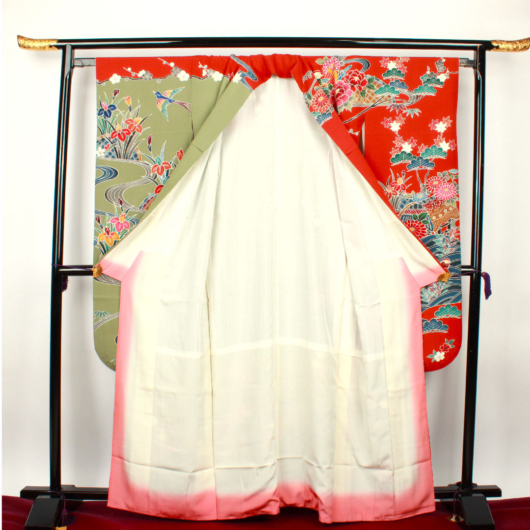 振袖 身丈165cm 裄丈65.5cm 袷 栗梅色 京紅型 鴛鴦 松竹梅 正絹 Sランク 赤系 1113000902512