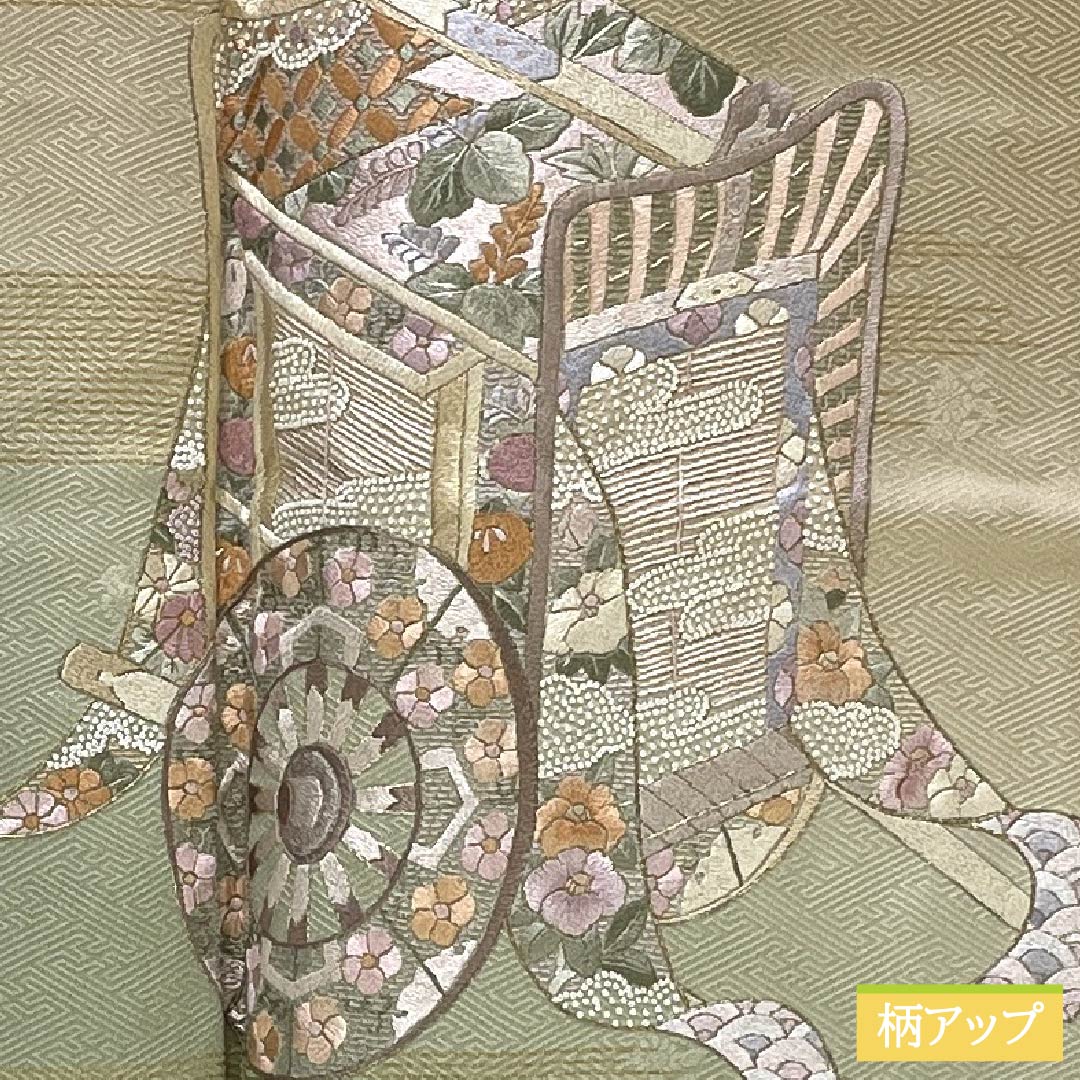 訪問着 正絹 Aランク 袷 身丈159cm 裄丈63.5cm 胡桃色(くるみいろ) 蘇州刺繡 付下げ 御所車 ベージュ系 1112006663325