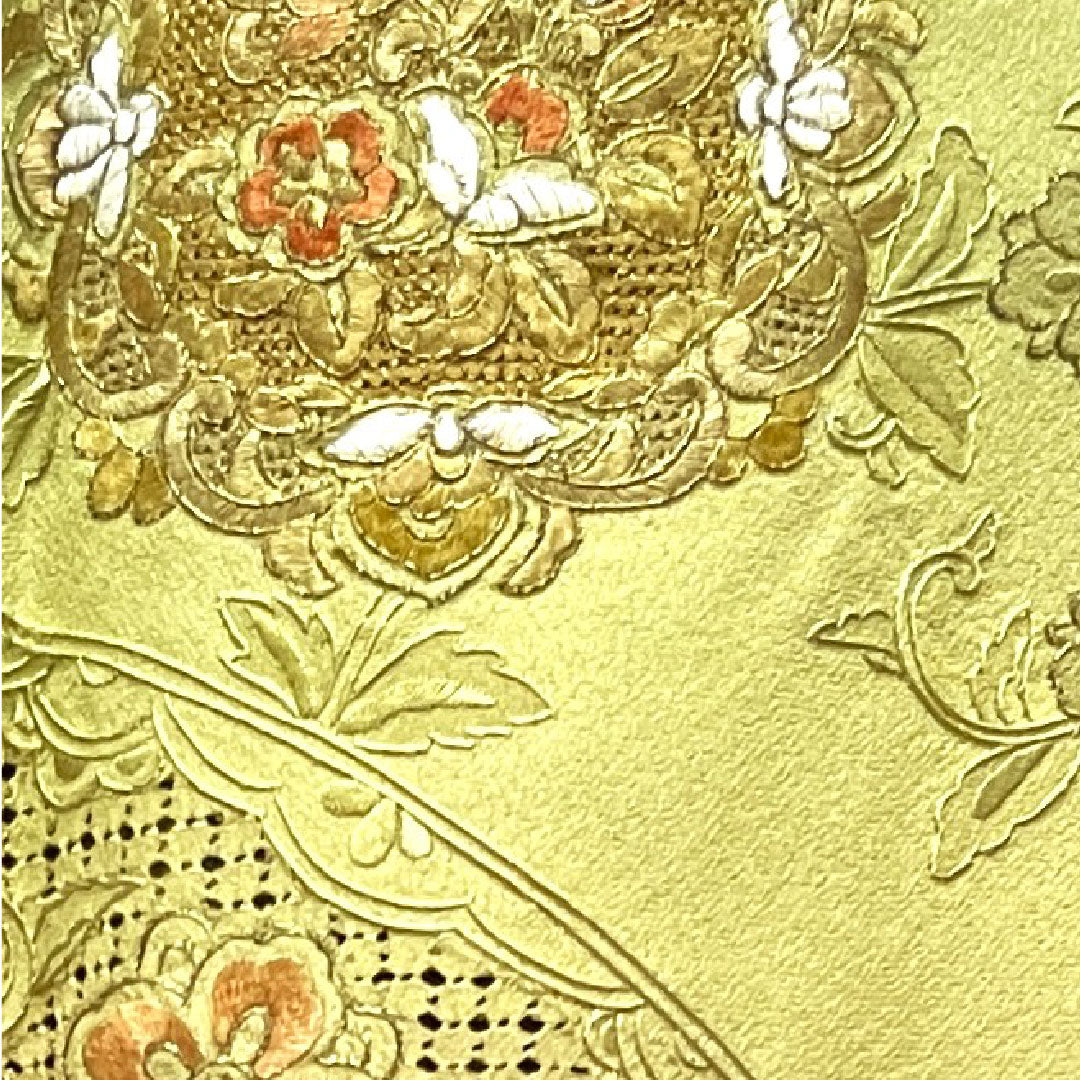 訪問着 正絹 袷 身丈156.5cm 裄丈65cm 浅青朽葉色 蘇州刺繡 汕頭刺繡 草花模様 作家物 五三桐 Sランク 緑系 1112003122319