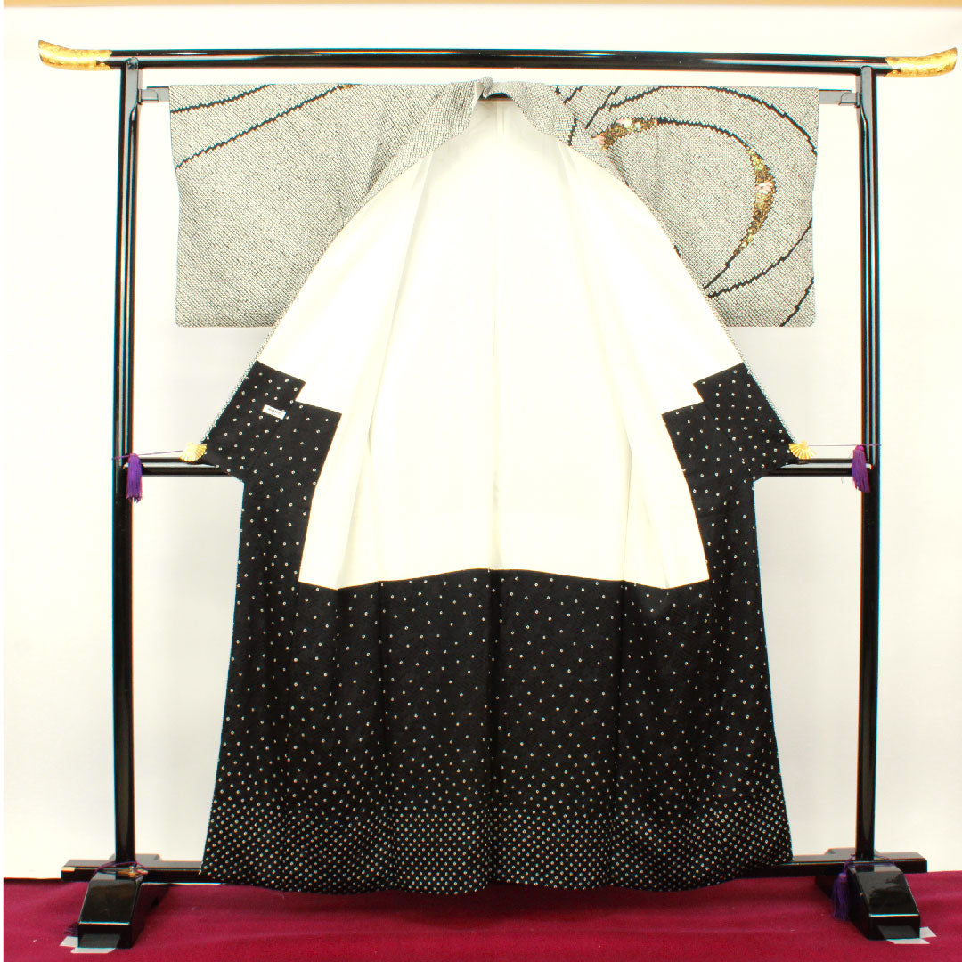 訪問着 袷 身丈160cm 裄丈64cm 総絞り 刺繡 草花模様 正絹 Sランク 黒系 1112002252410