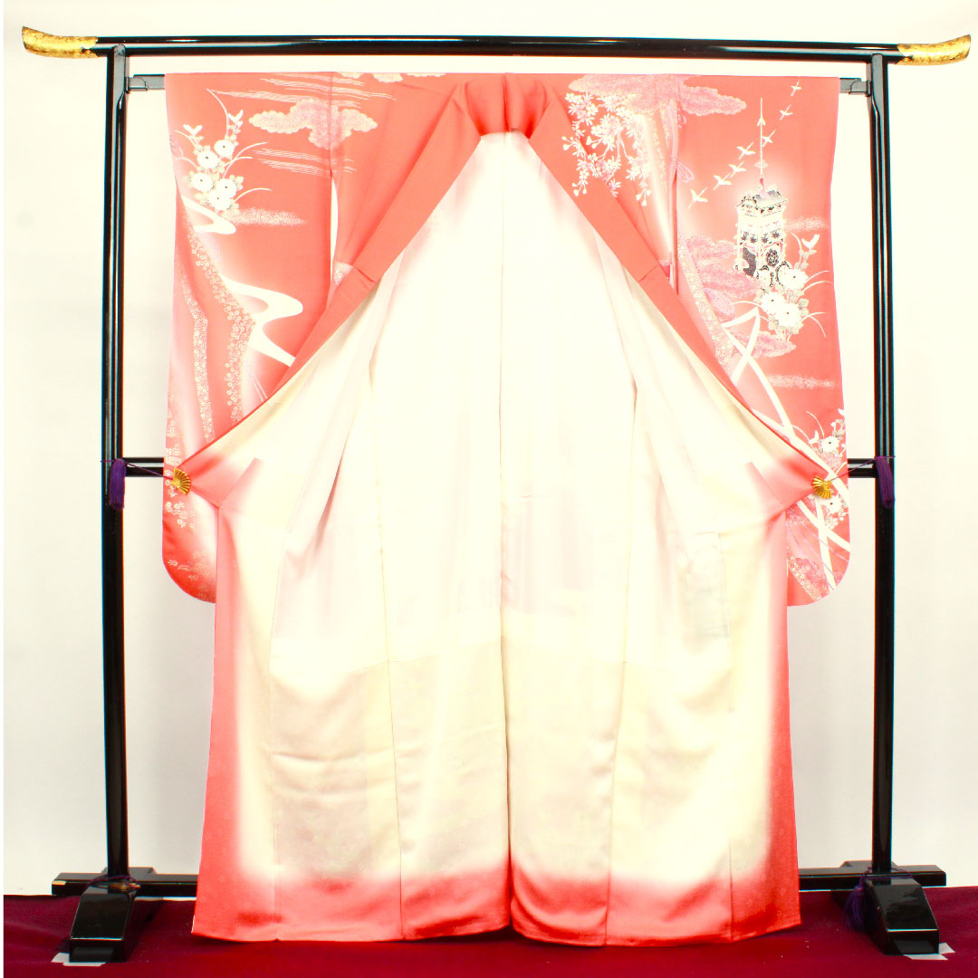 振袖 身丈166cm 裄丈63cm 袷 中紅色 鉾 草花模様 正絹 Aランク 朱系 1113001463516