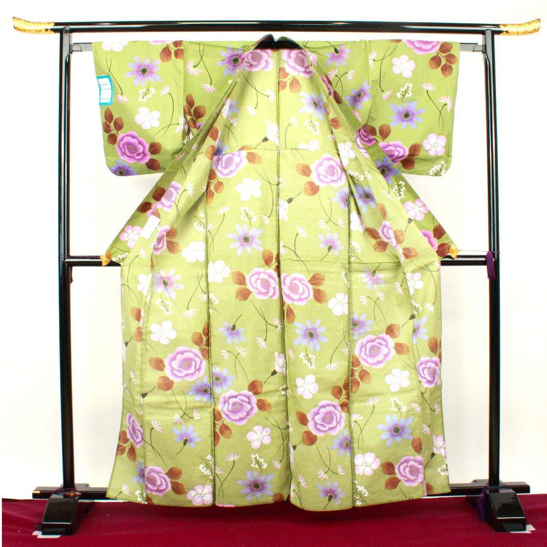 浴衣 緑衫色 草花模様 木綿 Sランク 単衣 身丈162cm 裄丈62cm 緑系 1118001142419