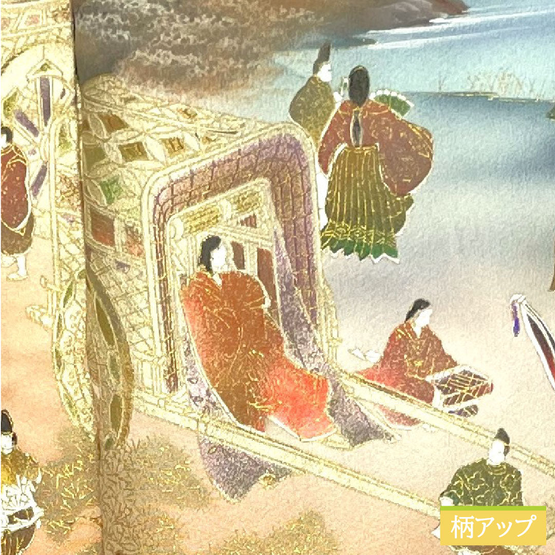 彩色留袖、纯丝、长度 159.5 厘米、袖长 63 厘米、衬里、赤橙色、京友禅、历史人物和风景、一个徽章、刀剑和片刃、S 级、橙色、1111001422326