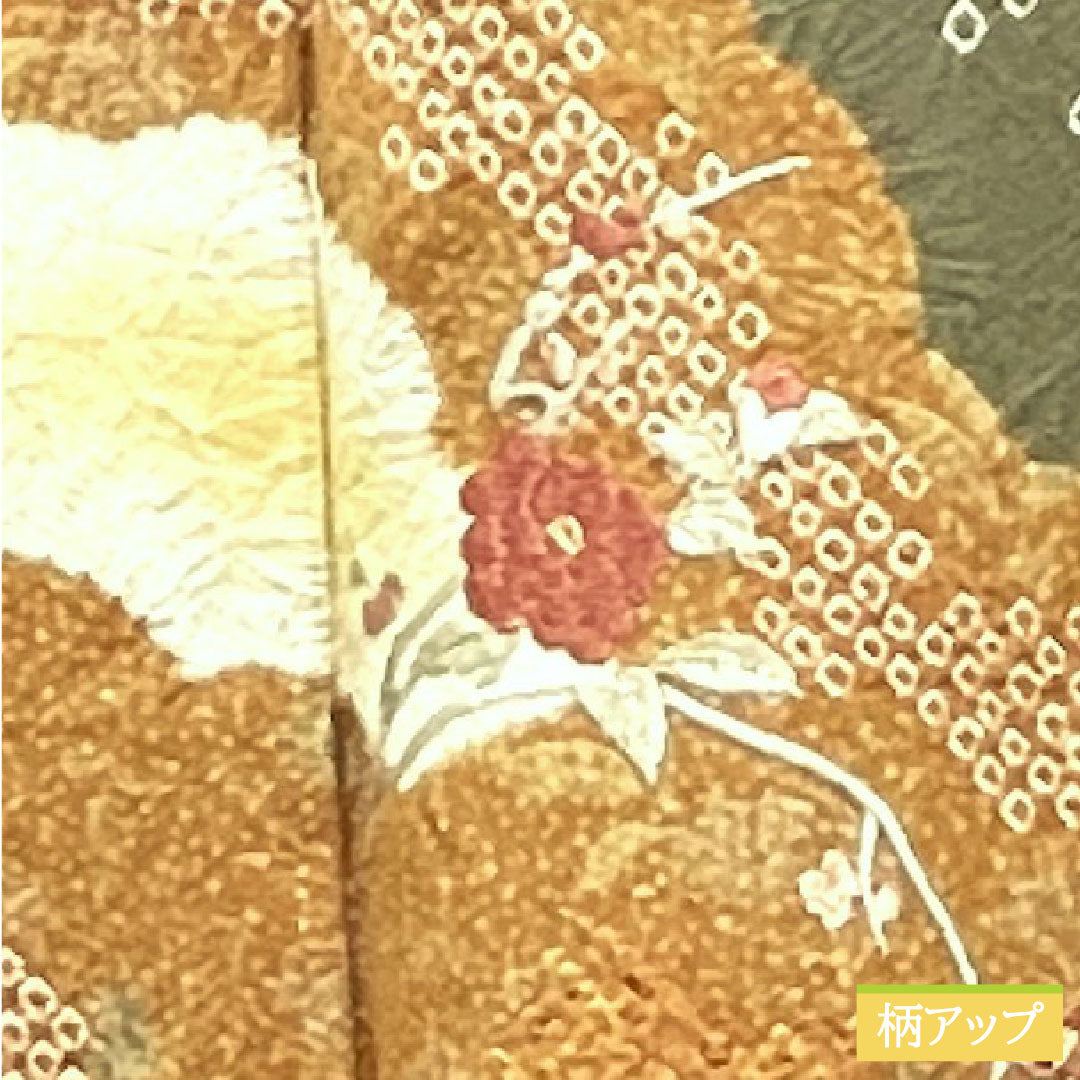 訪問着 正絹 袷 身丈162.5cm 裄丈66.5cm 砂色 刺繡 部分絞り スーパー鈴ガード Sランク グレー系 1112003632422