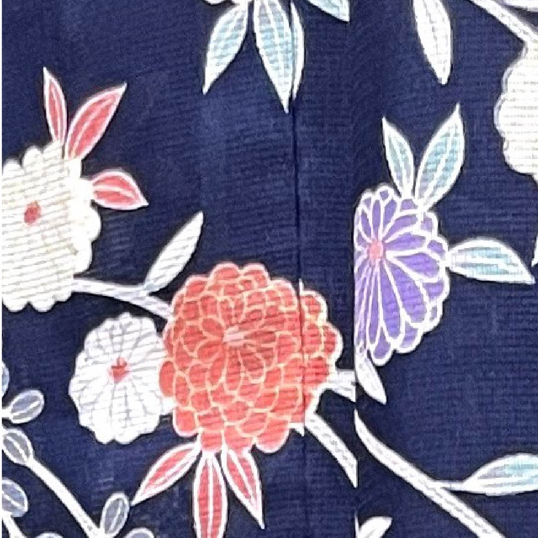 夏物 ポリエステル 訪問着 身丈156.5cm 裄丈65cm 濃紺色(のうこんいろ)菊 絽 Sランク 紺系 1132000102318