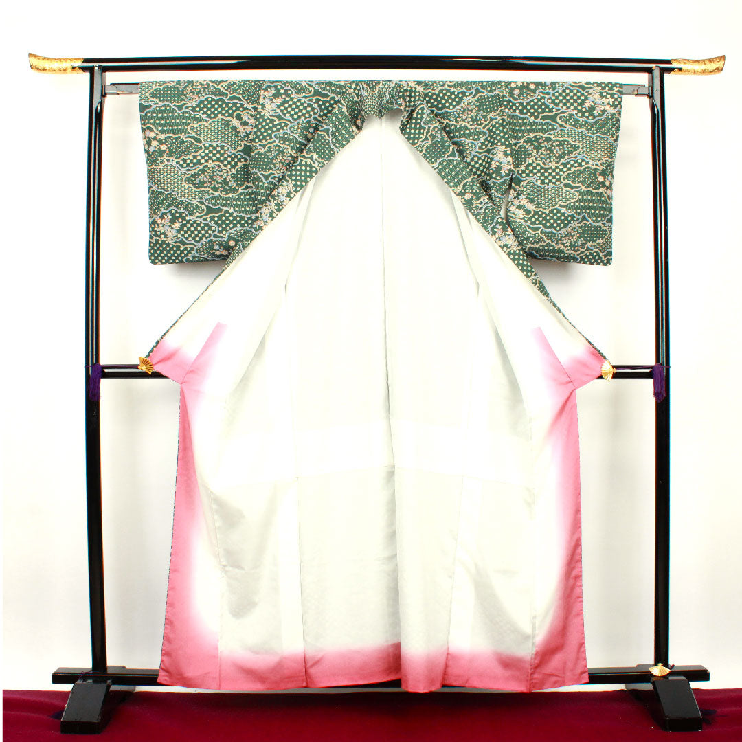 小紋 身丈160cm 裄丈62.5cm 袷 萌葱色 洗える着物 雲取り 草花模様 ポリ Sランク 緑系 1115002572419