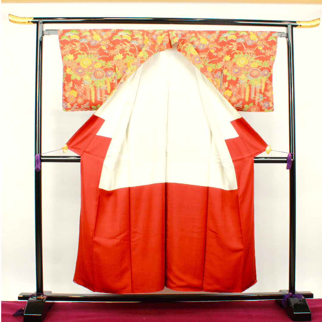 小紋 身丈154cm 裄丈61cm 袷 猩々茶色 型染 菊 梅 草花模様 正絹 Sランク 茶系 1115002652214