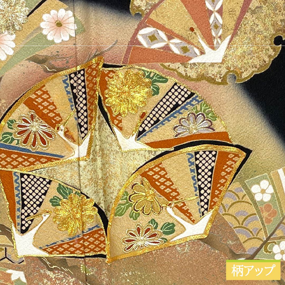 黒留袖 正絹 Aランク 身丈155.5cm 裄丈66.5cm 袷 京友禅 五つ紋 丸に木瓜 吉祥文様 金駒刺繡 鶴 五つ紋 黒系 1111001953310