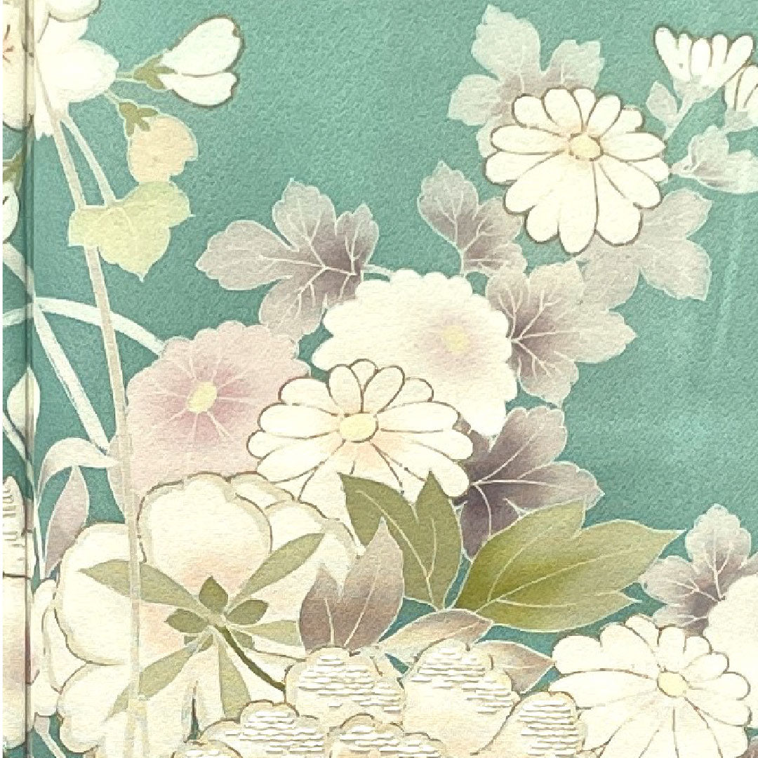 訪問着 袷 身丈173cm 裄丈68cm 秘色色 京友禅 草花模様 正絹 Sランク 緑系 1112002722619