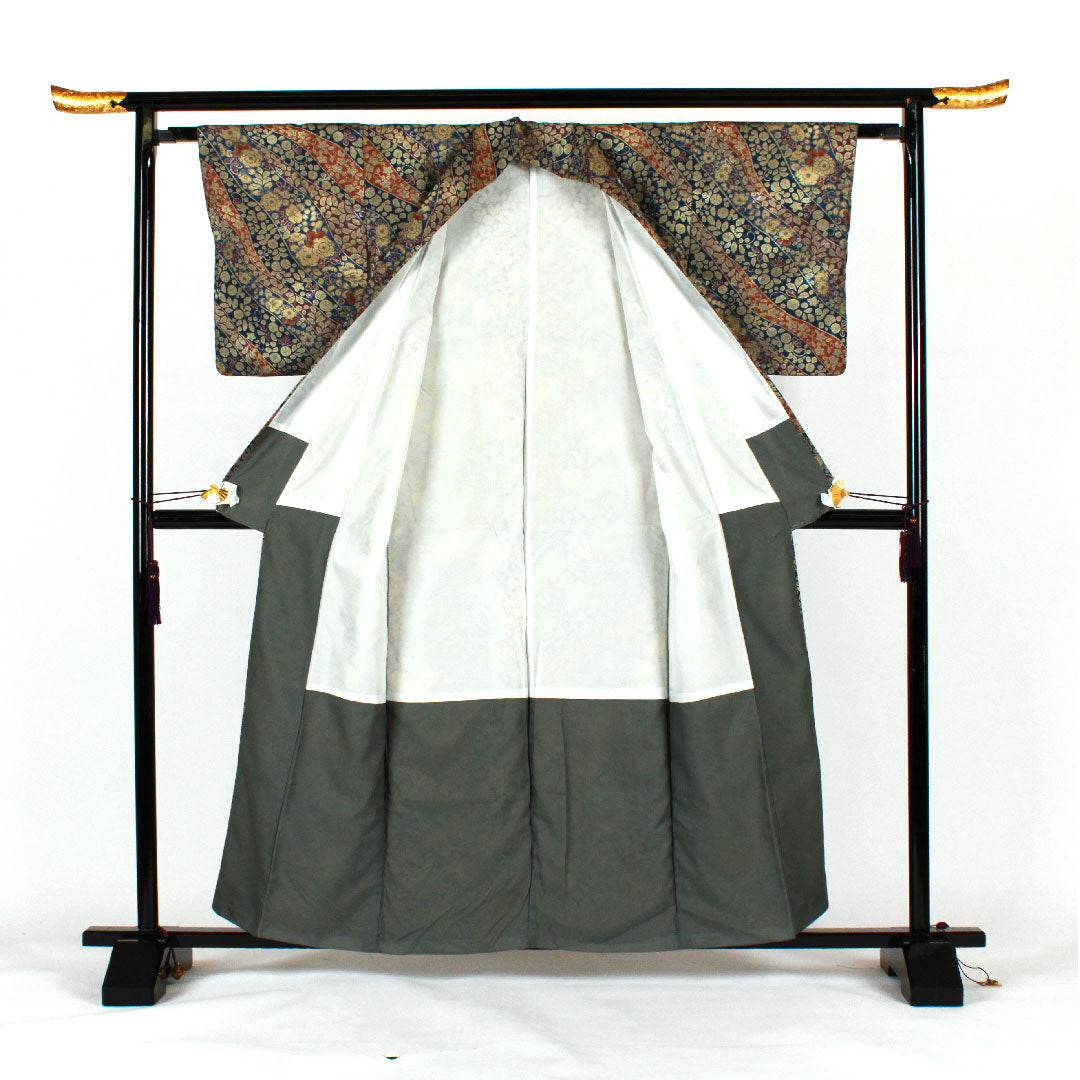 小紋 身丈159cm 裄丈63cm 袷 辻ヶ花 洗える着物 ポリ Sランク 紺系 1115000902318