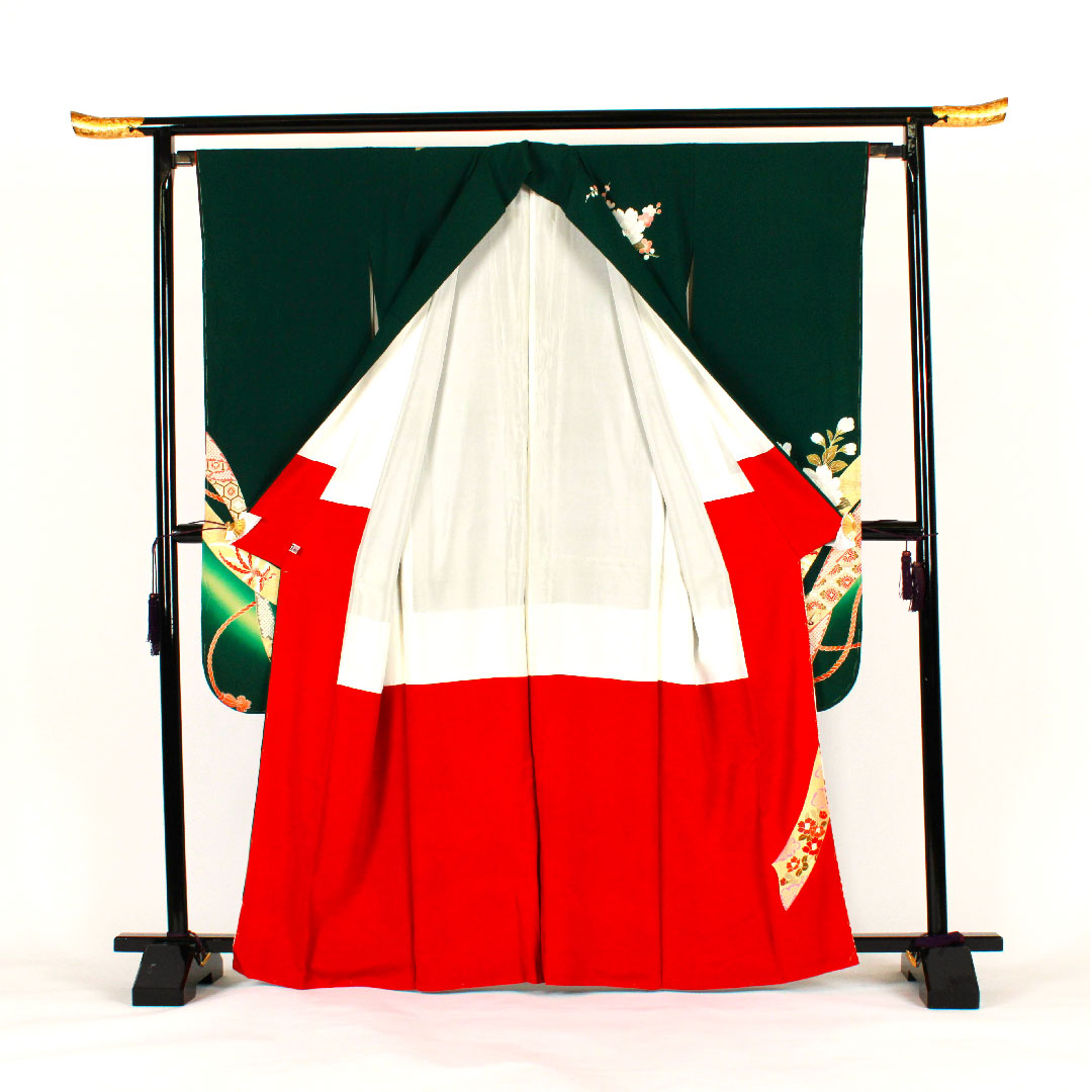 振袖 身丈165cm 裄丈65cm 袷 御所車に枝花模様 正絹 Sランク 緑系 1113000502519