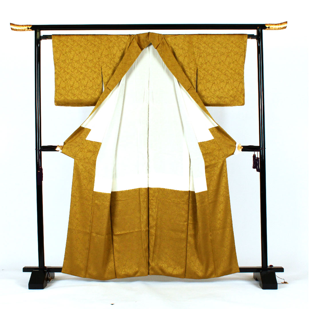 色無地 氷割れ模様 身丈162cm 裄丈64cm 袷 正絹 Sランク 黄系 1114000172323