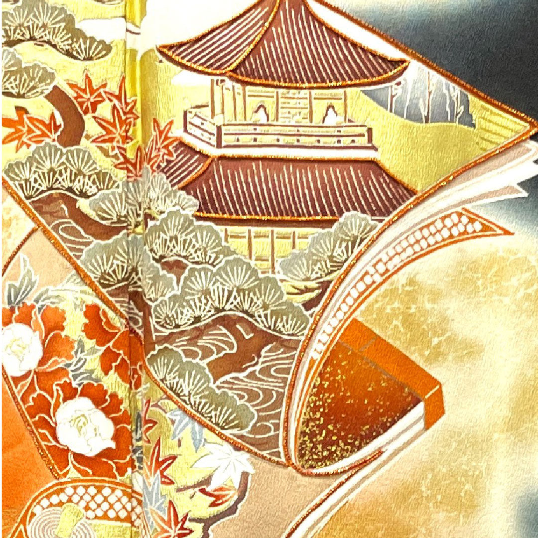 黒留袖 身丈159.5cm 裄丈63cm 袷 京友禅 吉祥文様 丸に並び瓶子 正絹 Aランク 五つ紋 黒系 1111000843310