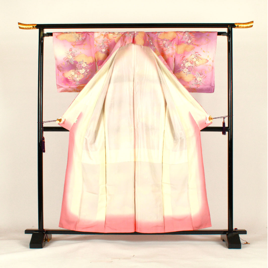 小紋 身丈158cm 裄丈65cm 袷 洗える着物 雲取り 草花模様 ポリ Aランク 紫系 1115001623320
