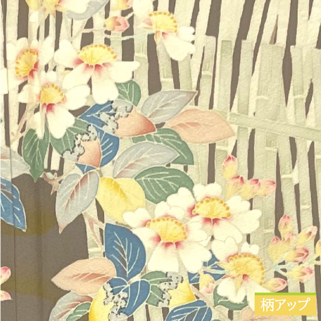 Colored Tomesode, pure silk, length 165cm, sleeve length 66cm, lined, plum gray, genuine Kaga Yuzen, Ichiro Kakimoto, floral pattern, three crests, circle with three split quince, B rank, three crests, purple, 1111001314520