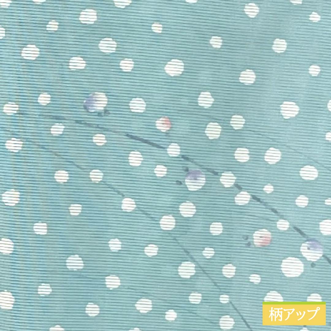 夏物 ポリエステル 小紋 Aランク 身丈162.5cm 裄丈64.5cm 瓶覗色(かめのぞきいろ) 水玉 洗える着物 絽 水色系 1132005163424