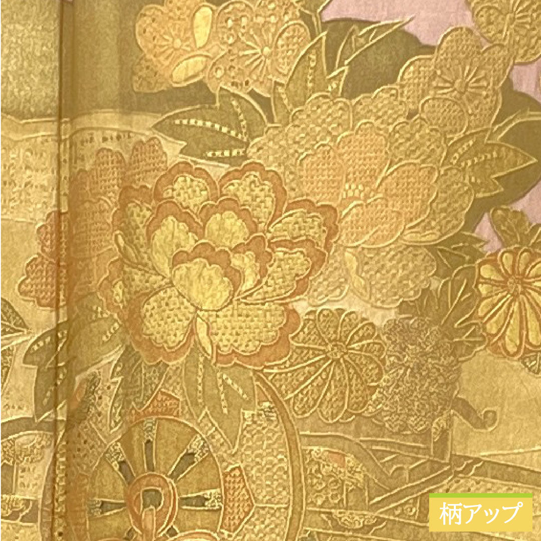 訪問着 正絹 袷 身丈156.5cm 裄丈62.5cm 今様色(いまよういろ) 京友禅 汕頭刺繡 花車 Sランク ピンク系 1112004942313