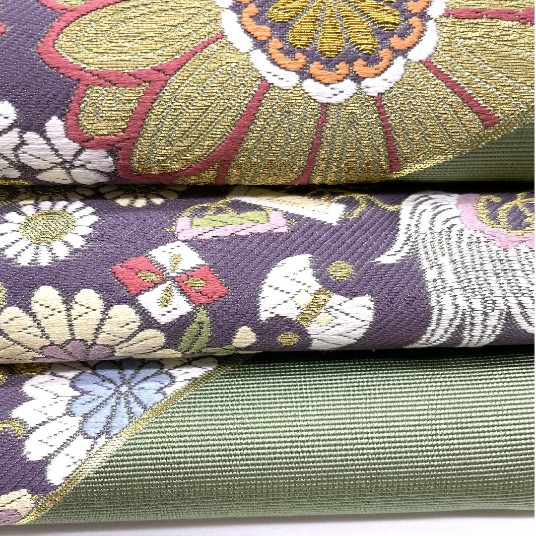 袋帯 山葵色(わさびいろ) 宝尽くし 花柄 高島織物 帯丈435cm 正絹 Sランク 六通 セミフォーマル 緑系 1123007162319