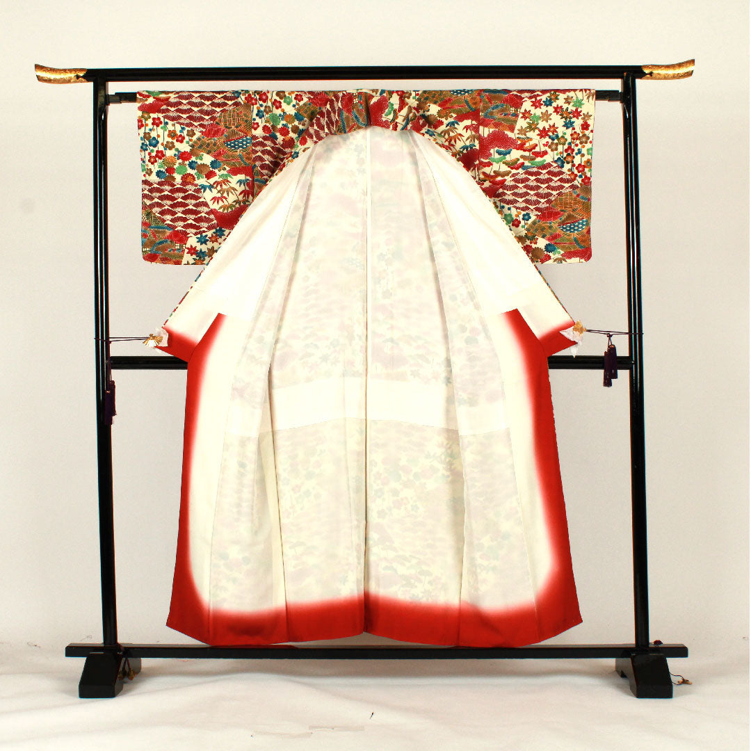 小紋 身丈156cm 裄丈64cm 袷 型染 松竹梅 吉祥文様 正絹 Sランク クリーム系 1115001722315