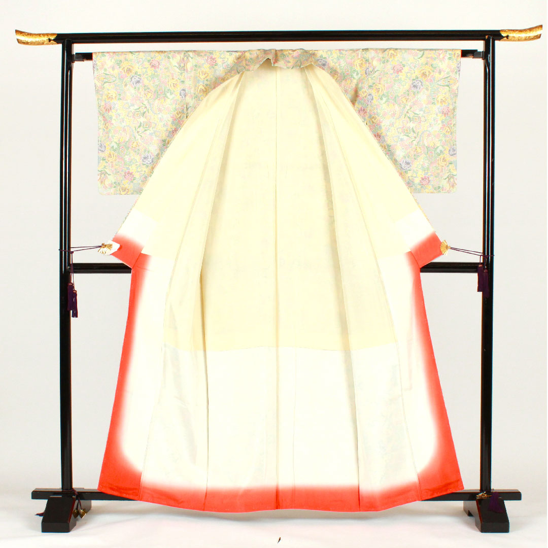 大島紬 身丈162.5cm 裄丈63.5cm 草花模様 正絹 Bランク 袷 白系 1116001514411