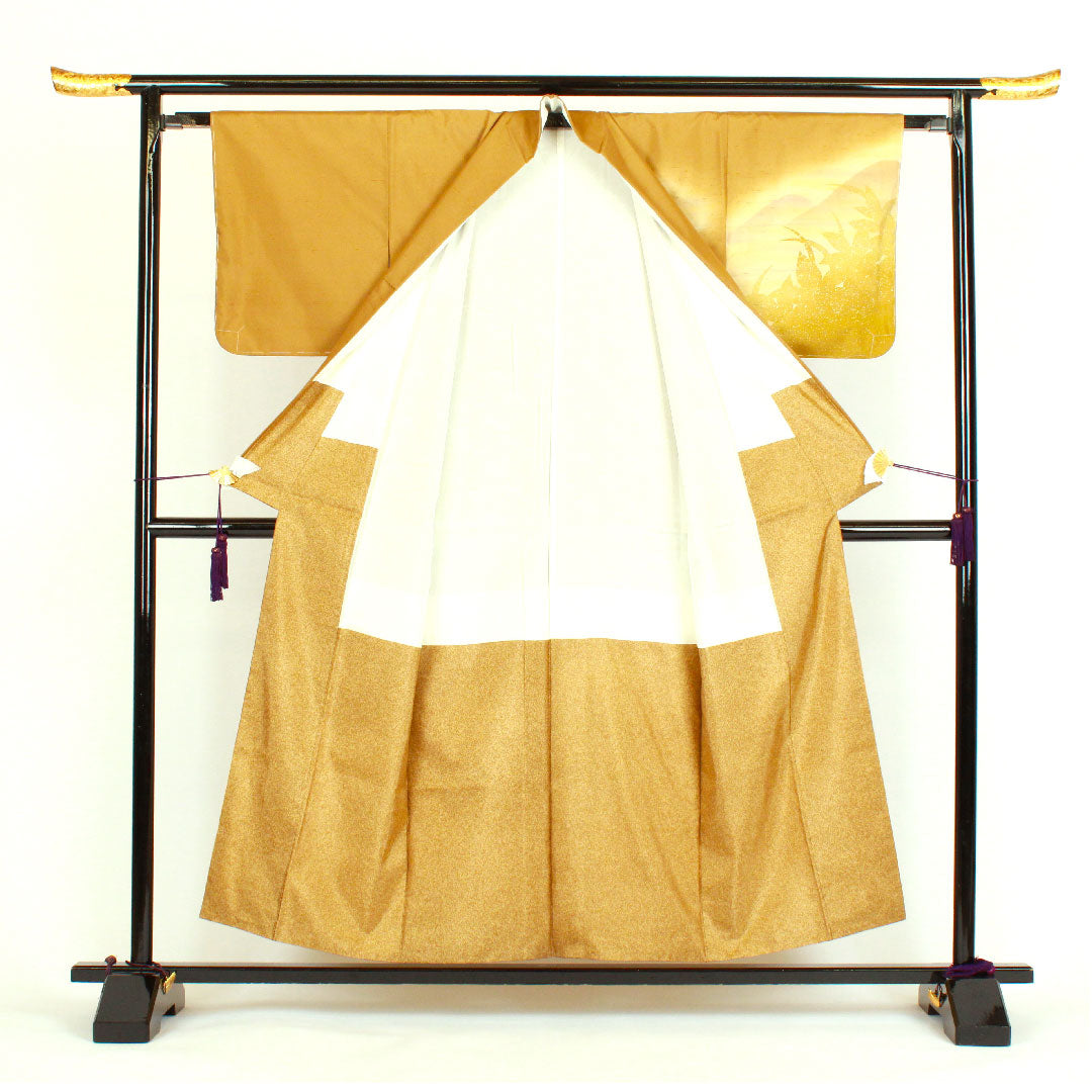 訪問着 袷 身丈157cm 裄丈63cm 牛首紬 遠山 草葉模様 正絹 Sランク 黄系 1112000522323