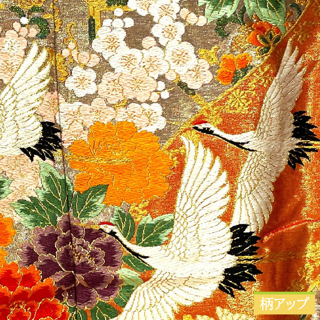 色打掛 正絹 Bランク 身丈195cm 裄丈69cm 唐織 鶴 鳳凰 花車 華文 袷 朱系 1110001034916
