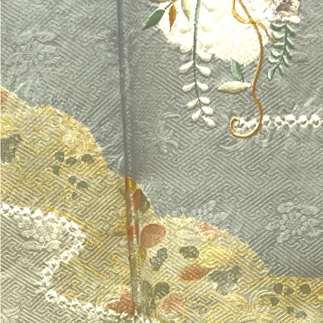 Homongi, pure silk, lined, length 152.5cm, sleeve length 62.5cm, cupronickel color, Kyo-Yuzen, tie-dye, embroidery, A rank, gray, 1112003033222
