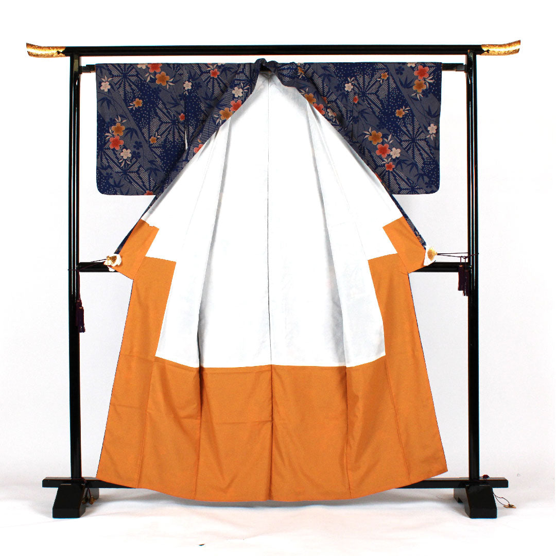 Small pattern, Length 163cm, Sleeve length 64cm, Awase, Cherry blossoms, Bamboo, Washable kimono, Polyester, S rank, Navy, 1115000782318