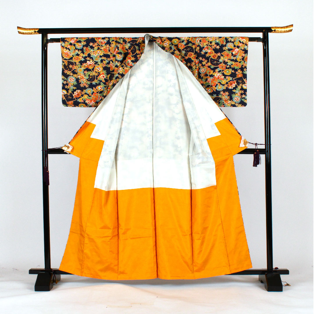 小紋 身丈162.5cm 裄丈63.5cm 袷 草花模様 正絹 Sランク 紺系 1115001422418