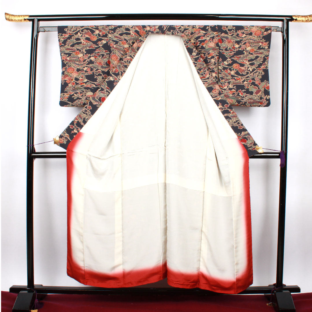 小紋 身丈154.5cm 裄丈60.5cm 袷 青褐色 型染 草花模様 正絹 Aランク 紺系 1115002293218