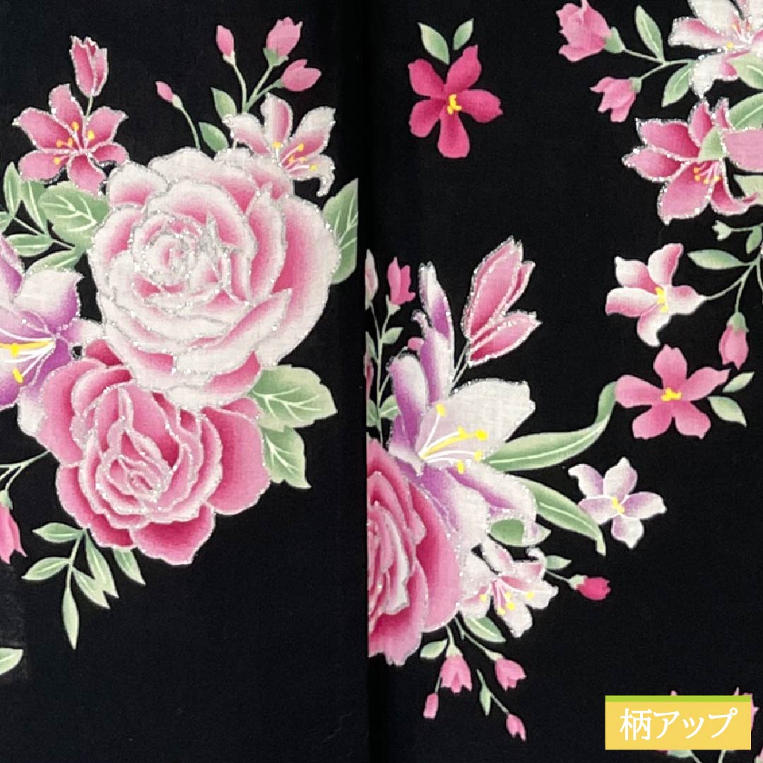 浴衣 木綿 身丈163cm 裄丈64.5cm Sランク 単衣 黒系 薔薇 ラメ 1118006062410