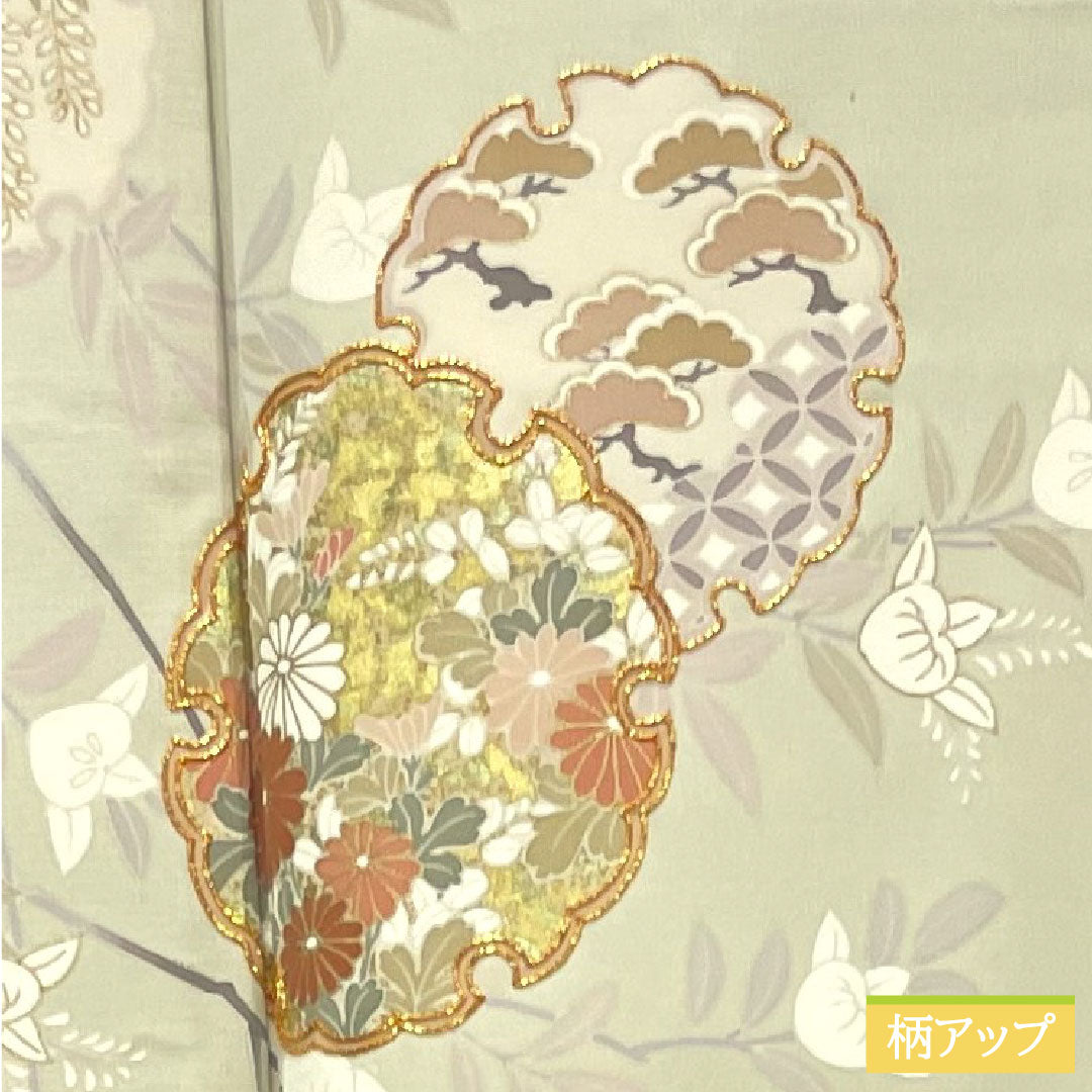 訪問着 袷 身丈155cm 裄丈63cm 利休白茶色 京友禅 吉祥文様 正絹 Sランク 緑系 1112003902319
