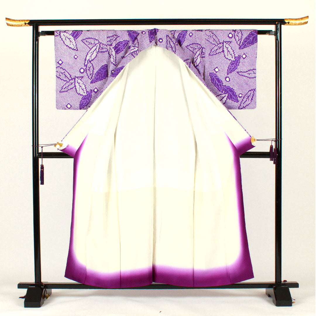 小紋 身丈158cm 裄丈62cm 袷 総絞り 葉模様 正絹 Aランク 紫系 1115001883320
