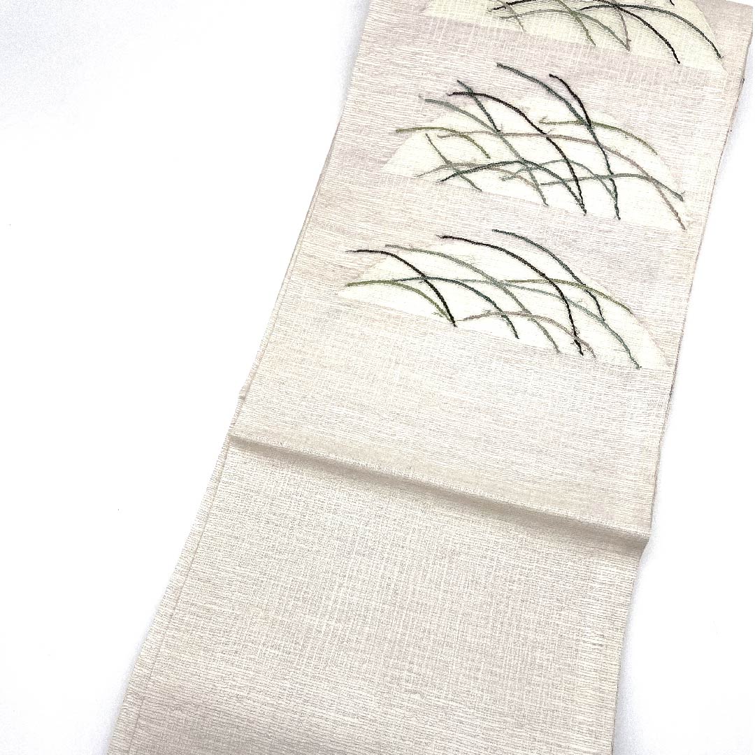 袋帯 胡粉色(ごふんいろ) 夏帯 抽象模様 リバーシブル 夏物 帯丈444cm 正絹 Sランク ポイント柄 カジュアル 白系 1123007702311