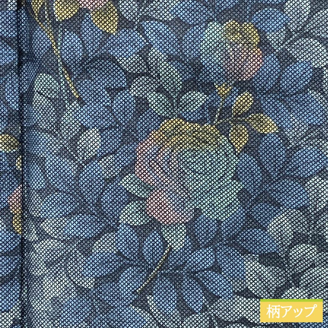 紬 正絹 Aランク 身丈171.5cm 裄丈68cm 濃紺色(のうこんいろ) 薔薇 葉 しつけ糸付き 袷 紺系 1116004373618