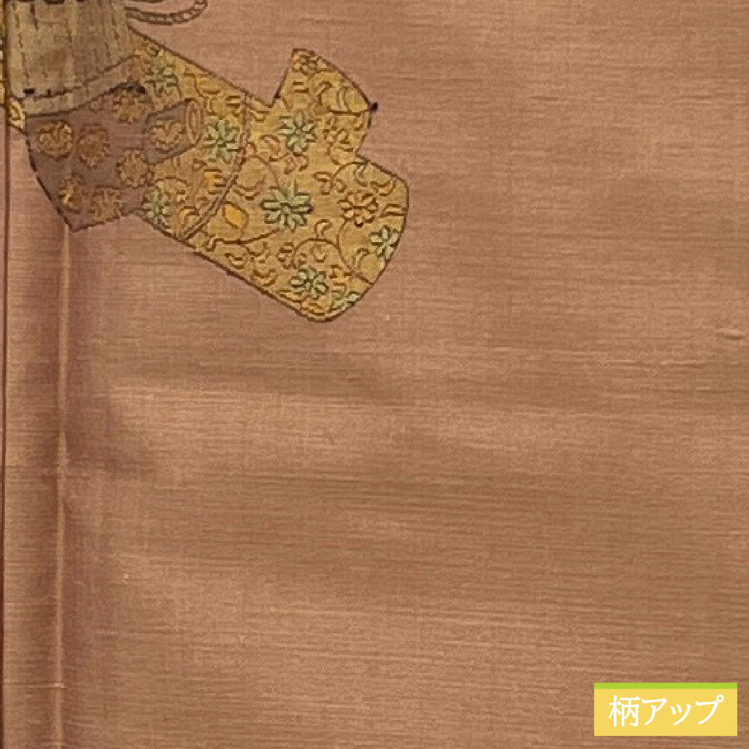 訪問着 正絹 袷 身丈162.5cm 裄丈62.5cm 帯紅色(たいこうしょく) 紬地 一つ紋 丸に角立四ツ目 付下げ Sランク 紫系 1112005572420