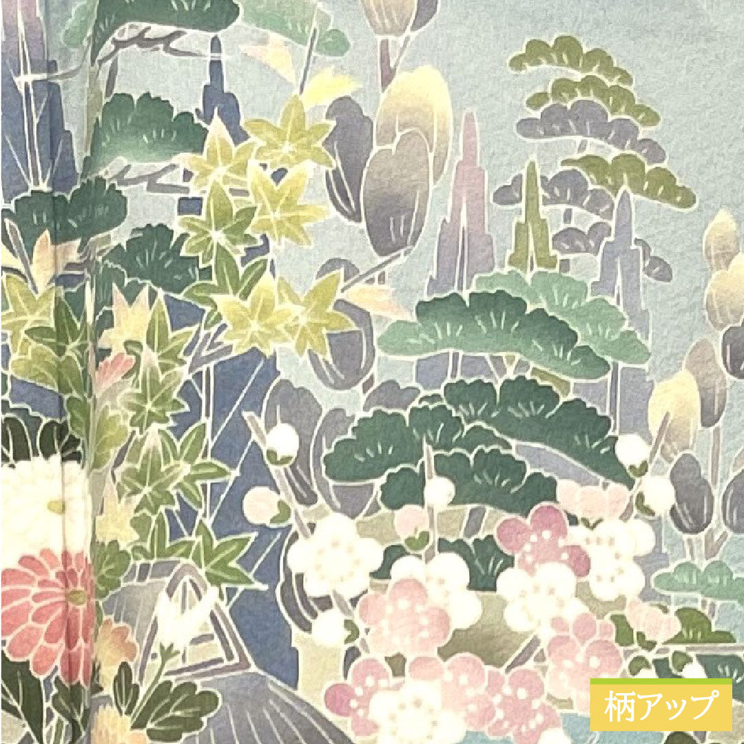 Homongi, pure silk, lined, length 151.5cm, sleeve length 63cm, blue-and-white porcelain, Kyo Kaga Yuzen, Kazuo Mineyama, auspicious pattern, S rank, light blue, 1112003812224