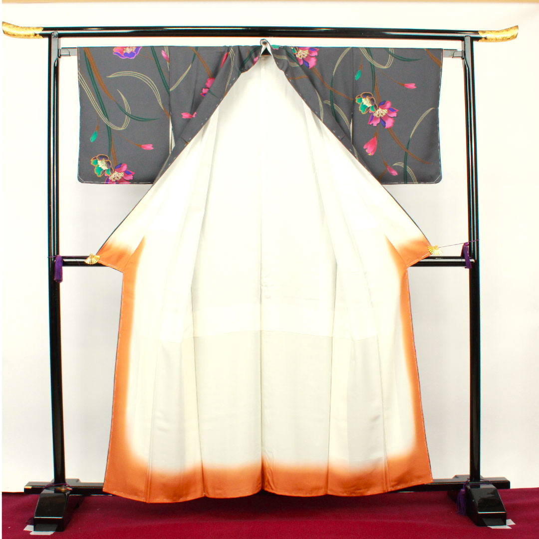 小紋 身丈158.5cm 裄丈64cm 袷 鋼色 しつけ糸付き 未使用品 手描き 京友禅 草花模様 正絹 Sランク グレー系 1115002902322