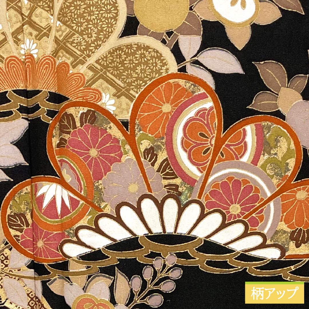 黒留袖 正絹 Aランク 身丈159cm 裄丈64cm 袷 京友禅 五つ紋 五三桐 吉祥文様 松 橘 五つ紋 黒系 1111002073310