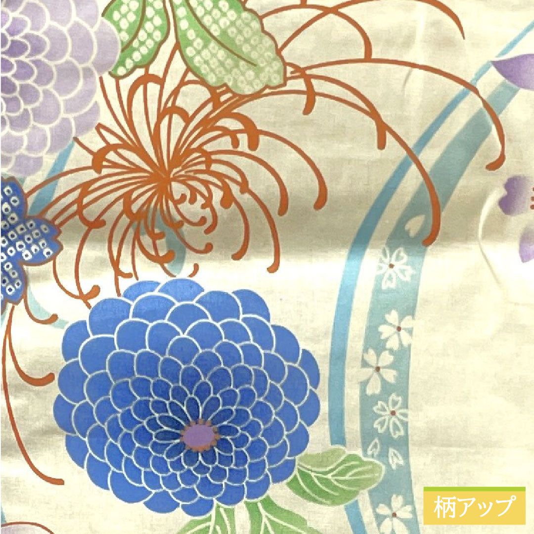 Yukata Cotton Length 164cm Sleeve length 66cm S rank Single layer White Cherry blossom Chrysanthemum 1118004672411