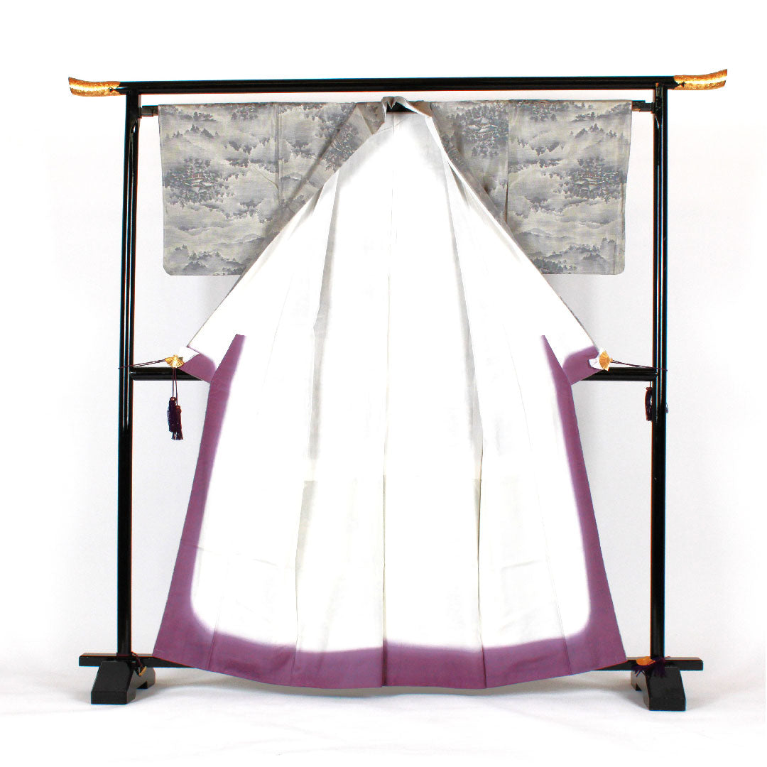 大島紬 身丈164cm 裄丈66cm 寺院風景 正絹 Sランク 袷 白系 1116000782311