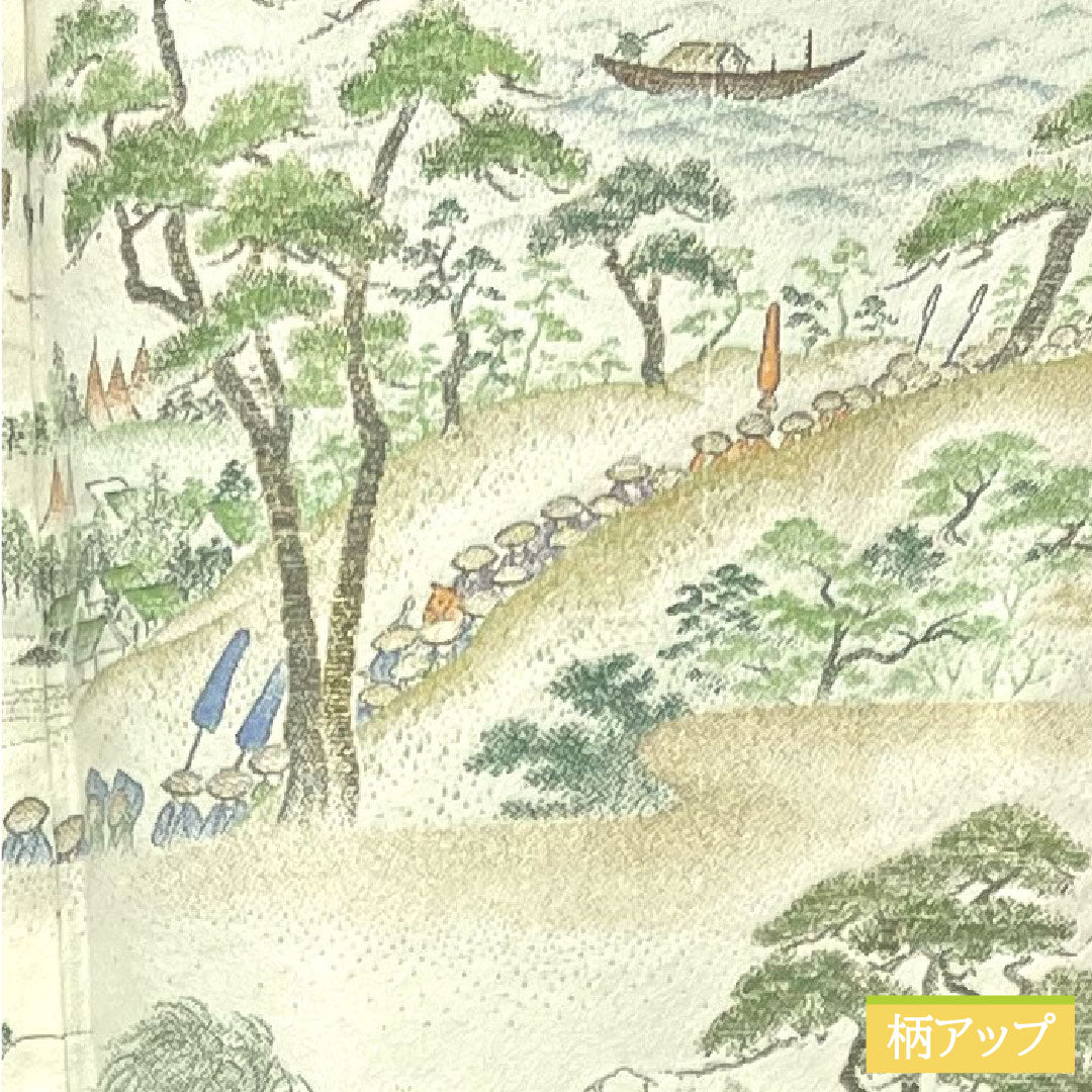 彩色留袖、纯丝、长度152cm、袖长63cm、里料、黄绿色和灰色、寿编织、山水纹、一个纹章、五葫芦和中国花图案圆圈、附缝纫线、未使用、S级、绿色、1111001342219