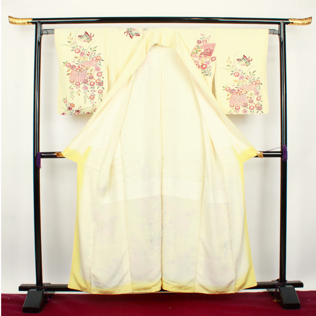 訪問着 袷 身丈159cm 裄丈62.5cm 鳥の子色 京紅型 草花模様 正絹 Aランク クリーム系 1112001943315