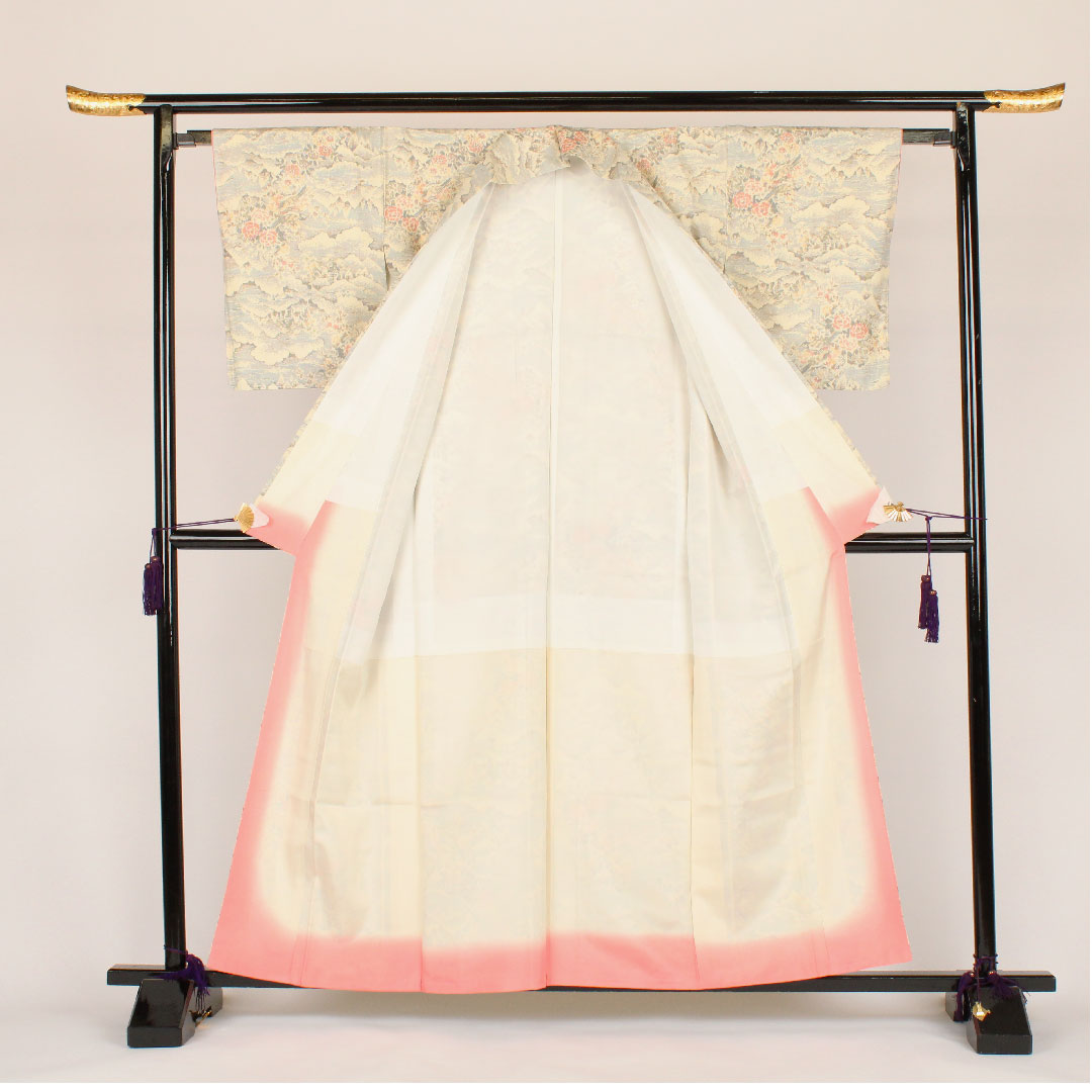 紬 身丈160cm 裄丈63cm あかね大島 風景画 正絹 Aランク 袷 クリーム系 1116000393315