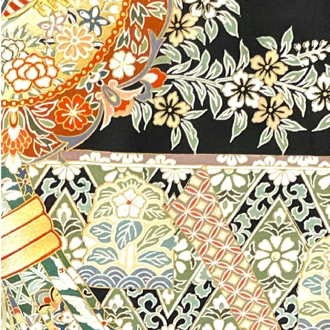 黒留袖 身丈166cm 裄丈65.5cm 袷 しつけ糸付き 未使用品 京友禅 華文 束ね熨斗 垂れ蔦 正絹 Sランク 五つ紋 黒系 1111001082510